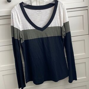Express Women’s Black, White & Olive Green Stripes Long Sleeve V-Neck - Medium